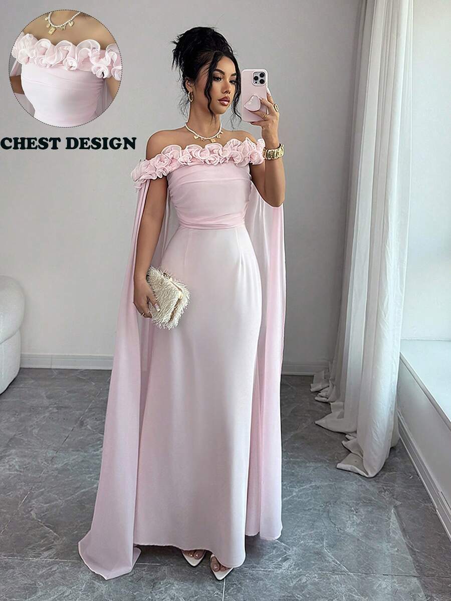 SHEIN Elenzya 女士优雅露肩雪纺拼接荷叶边长裙，适合婚礼、新娘、休闲、海滩、度假、日常出行、约会、派对、野餐、假期等场合。 - 粉色 - 查看 1