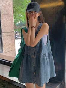 DAZY Women's V-Neck Single-Breasted Casual Pocket Strap Denim Dress - Blue - View 4