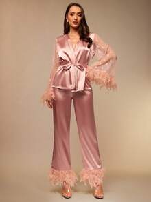 Silquee Fuzzy Trim Belted Satin PJ Set / Pajama Set, Fall Winter Clothes Women's Satin Robe And Pant Pajama Set With Feather Trim And Sheer Heart Sleeves Lounge Sleepwear Elegant Pink Satin Feather Trim Pajama Set For Women Long Sleeve Heart Dot Mesh Robe And Long Pants Women's Luxurious Pink Satin Pajama Set Sheer Sleeve Robe With Feathers And Wide Leg Long Pants Valentine's Day Sexy Lace Galentines Adult Date Night  Spandex See Through Romantic Sexy Curve Wedding Guest Pajamas - Pink - View 3