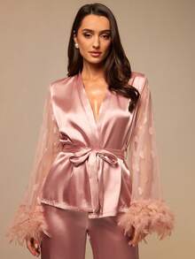 Silquee Fuzzy Trim Belted Satin PJ Set / Pajama Set, Fall Winter Clothes Women's Satin Robe And Pant Pajama Set With Feather Trim And Sheer Heart Sleeves Lounge Sleepwear Elegant Pink Satin Feather Trim Pajama Set For Women Long Sleeve Heart Dot Mesh Robe And Long Pants Women's Luxurious Pink Satin Pajama Set Sheer Sleeve Robe With Feathers And Wide Leg Long Pants Valentine's Day Sexy Lace Galentines Adult Date Night  Spandex See Through Romantic Sexy Curve Wedding Guest Pajamas - Pink - View 4