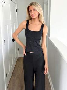 Sydney Algeri New Shiny Fabric Elegant Commuter Everyday Wear Waist Cinched Slim Fit Women Tank Top, Autumn - Black - View 1