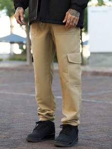 Devon Thys 1pc Men's Multi-Pocket Cargo Pants, Suitable For Spring/Summer Beach, Vacation, Casual, Sports, Training, Outdoor, Loose Fit Minimalist Fashion Sweatpants, Fitness, Jogging, Straight Leg Trousers, Fall - Khaki - View 6