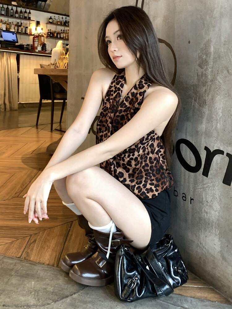 Women's Sexy Leopard Print V-Neck Halter Top, Asymmetrical Knot Design Backless Tank Top, Autumn/Winter Summer