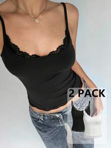 Aloruh 两件套女士休闲日常通勤简约纯色蕾丝拼接修身短款吊带背心，百搭夏季两件套，女士休闲上衣，白色上衣，春季休闲吊带背心 - 彩色 - 查看 6