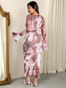 Firerie Robe droite élégante et décontractée pour les vacances, avec imprimé tie-dye, froncée, en maille élastique et à manches volantées. Convient pour le printemps, l'été, l'automne et l'hiver. Tailles plus - Multicolore - Voir 3