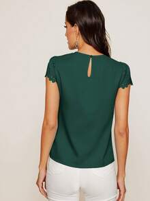 SHEIN Clasi 女士纯色褶皱圆领蝙蝠袖梭织衬衫 - 墨綠色 - 查看 2