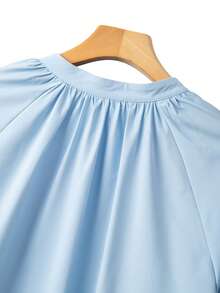 GlowEve CURVE Stylish Plus Size Light Blue Blouse Featuring Notched Neckline And Delicate Cutwork Insert On Long Sleeves - Blue - View 9