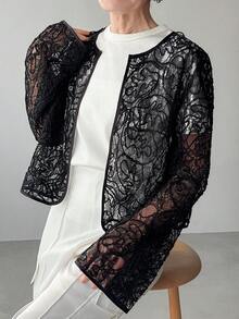 Women's Solid Color Sheer Lace Fabric Round Neck Long Flare Sleeve Loose Casual Blouse, Suitable For Spring And Summer - Black - View 7