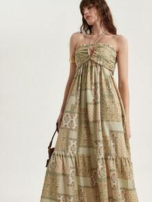 Aveloria Modichic Vestido largo con cuello de corbata y escote en V con estampado colorido, con un estilo romántico distintivo, diseño dividido para un movimiento elegante, adecuado para el verano y las vacaciones - Multicolor - Ver 3