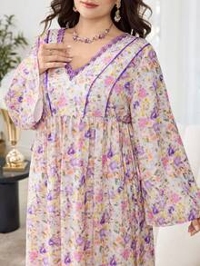 Al Najma 春夏时尚V领蕾丝边侧系腰带喇叭袖睡袍 - 彩色 - 查看 2