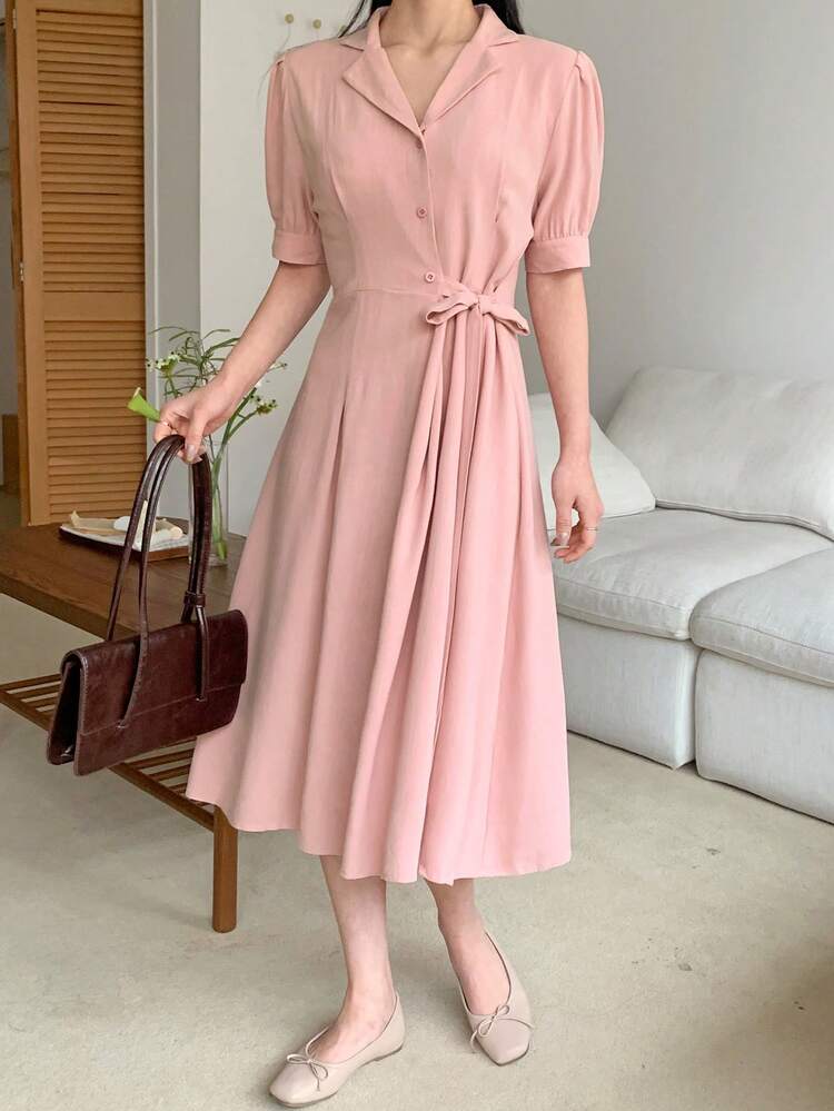 Women's Turndown Collar Ruched Midi Dress Sundress