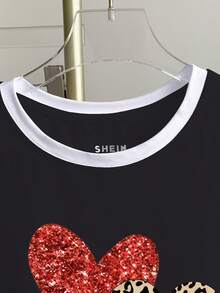 EMERY ROSE 女士撞色字母爱心印花短袖休闲圆领T恤 - 白色 - 查看 5