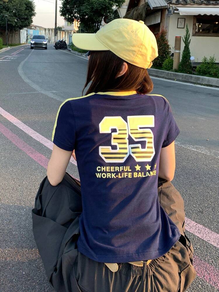 Women's Contrast Color Collar Splice Letter Print Fitted Short Sleeve Casual Street T-Shirt, Summer Graphic Tees Women