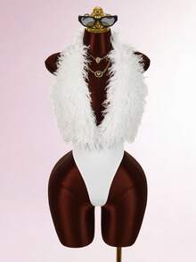 Amplova Wine Red Furry Halter Neck Sexy Bodysuit For Party - White - View 4