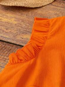 Linhara Plus Size Women Sleeve & Collar Patchwork Ruffle Trim V-Neck Sleeveless Casual Comfortable Dress, Suitable For Daily Commute - Orange - View 3
