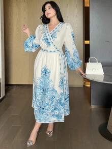 Dazy Plus 印花V领灯笼袖收腰优雅大码女式长款连衣裙，春夏吊带裙 - 藍色 - 查看 3