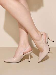 CUCCOO CURVES Zapatos de mujer de ajuste ancho, de moda, con punta, tacón de aguja, con correa trasera en color albaricoque, sencillos y clásicos, cómodos para uso diario, con tacón alto engrosado, tallas grandes para mujeres - Albaricoque claro - Ver 3