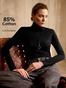 MOTF PREMIUM MINIMALIST COTTON BLEND TURTLENECK LONG SLEEVE FITTED T-SHIRT, SPRING/AUTUMN/WINTER - Black - View 6