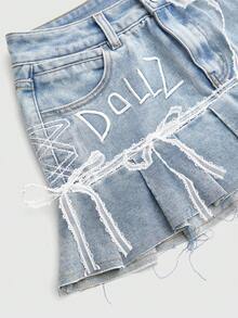 ROMWE Kawaii Chân váy mini denim cạp thấp thêu nơ dễ thương dành cho nữ - Rửa nhẹ - Xem 3