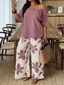 Weeklong Conjunto de 2 piezas de talla grande de verano con top de unicolor de cuello asimétrico y pantalones con estampado floral - Multicolor - Ver 4