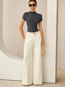 Lymera Spring/Summer New Fashion Casual Grey Minimalist Soft Smooth Ribbed Asymmetric Ruched Turtleneck Short Sleeve T-Shirt - Grey - View 5