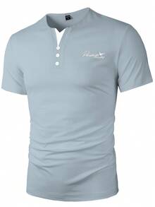 Manfinity Homme 男士字母印花纽扣设计短袖休闲T恤 - 淺灰色 - 查看 1