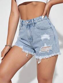 SHEIN Essnce Women's Fashion Casual Distressed Frayed Pocket Denim Shorts - Blue - View 5
