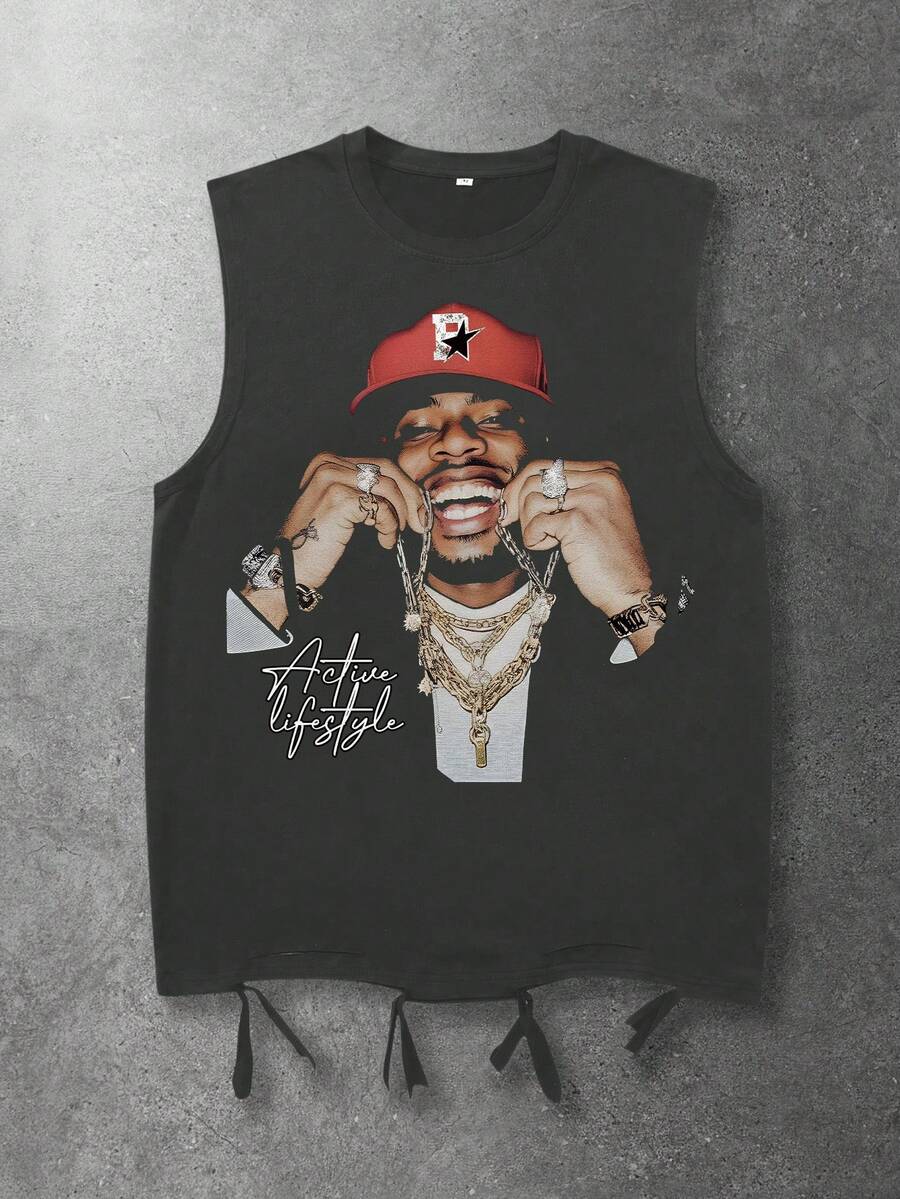 ROMWE MEN Street Life Spring Casual Graphic Men'S Portrait Print Casual Tank Top, Suitable For Spring/Summer - Dark Grey - View 1