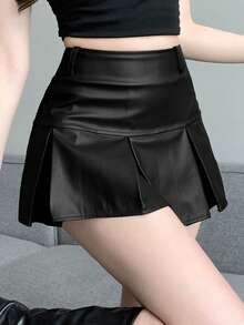 DAZY Women Solid Color Mini Pleated PU Skirt Fall Skirts Leather Skirts - Black - View 4