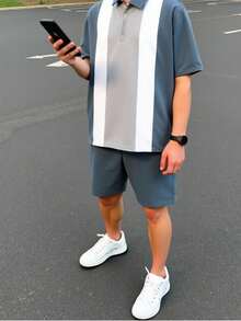 SHEIN 两件套青少年男童休闲学院风撞色Polo衫短裤套装，适合通勤、上学、日常休闲穿着及运动，春夏男童夏季套装，男童度假装 - 彩色 - 查看 7