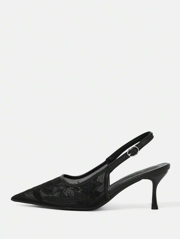 CUCCOO HITCHD Women's Elegant Pointy Toe Slingback High Heels With Beaded Mesh, Romantic Lace Design, Black Color, Suitable For Weddings, Parties, Formal Occasions