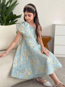 SHEIN Vestido de rodilla asimétrico con hombros y cintura ajustada, decorado con lazo, de tela brocada floral elegante, para niña preadolescente, apropiado para fiesta, regreso a clases, estilo femenino, estilo princesa, boda, cumpleaños - Azul - Ver 6