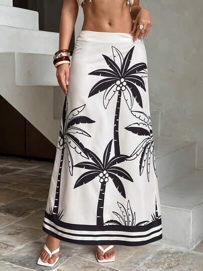 Aloruh Chân váy dài chữ A họa tiết nhiệt đới cổ điển lãng mạn, thoải mái, thích hợp cho kỳ nghỉ xuân/hè dành cho nữ.