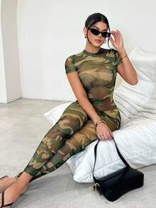 SHEIN SXY Sexy Sheer Street Camouflage Print Mesh Jumpsuit - Multicolor - View 5