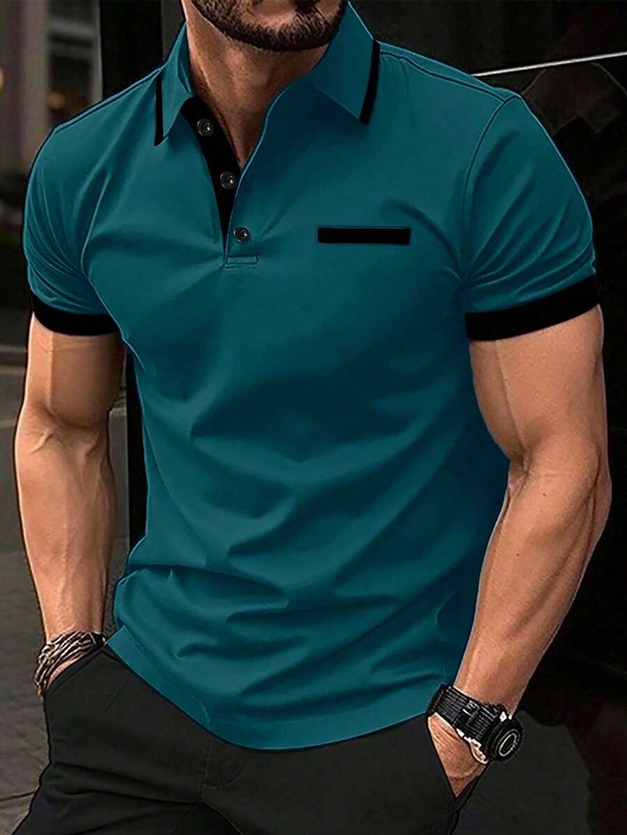 Calvornis 男士大尺碼深青色夏季休閒 Polo 衫,修身短袖高爾夫 Polo 衫,對比色鈕扣門襟,假口袋設計,適合休閒、戶外與儀式場合 - 水鴨藍 - 查看 1