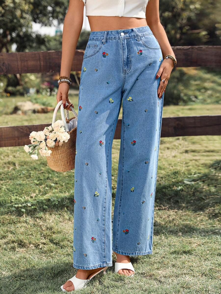 Breezaya Women's Casual Floral Embroidered High Waist Loose Straight Leg Jeans - Medium Wash - View 1