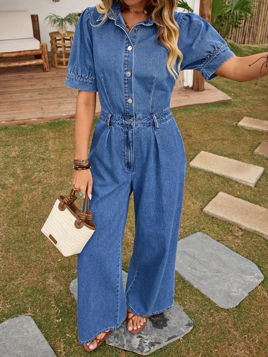 Breezaya Women's Casual Loose Elegant Commuting Denim Jumpsuit With Puff Sleeves - Medium Wash - View 1