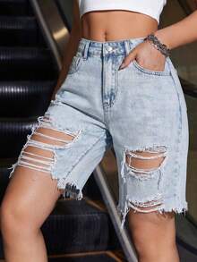 SHEIN ICON Celana Pendek Denim Sobek dengan Kantong untuk Wanita - Light Wash - View 5