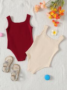 SHEIN Set de 2 bodys de punto de unicolor, estilo callejero para niña, para primavera/verano - Rojo - Ver 2