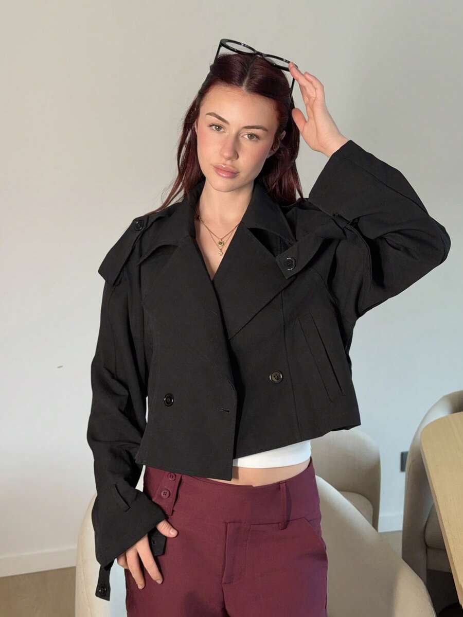 Abrilcols 1pc Women's Solid Color Button-Front Long Sleeve Casual Trench Coat In Fall/Winter - Black - View 1