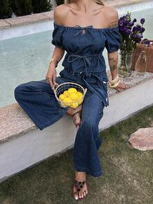 DAZY Women's Summer Off Shoulder Short Sleeve Tie-Up Denim Top And Loose Wide-Leg Pants Casual Vacation Denim Set - Dark Wash - View 7