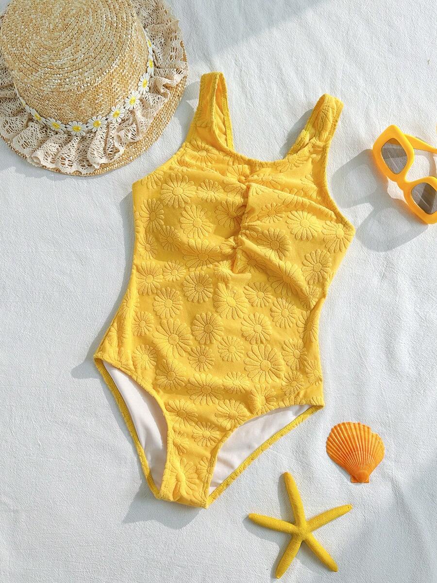 1件装女童黄色向日葵针织面料舒适修身连体泳衣，适合海滩、泳池、度假、夏季旅行 - 黃色 - 查看 1