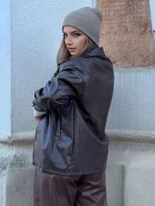 Jeta Ari Fashionable Versatile Commuter PU Regular Jacket, Autumn - Brown - View 2