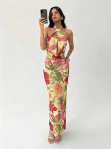 Aloruh 女士性感印花露背吊带上衣和半身裙两件套，度假装 - 黃色 - 查看 9