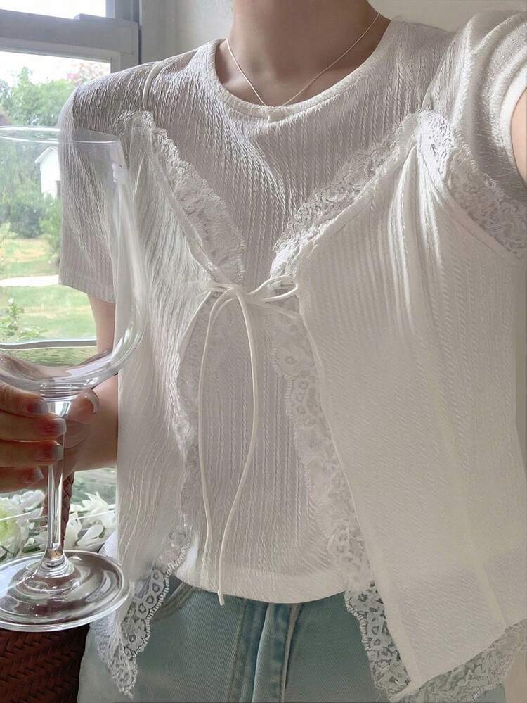 Women's 2 In 1 Lace Patchwork Round Neck Short Sleeve T-Shirt Summer