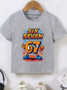 男童休闲舒适时尚简约百搭创意趣味爆炸数字“67”及字母印花短袖T恤，适合春夏户外运动。 - 灰色 - 查看 3
