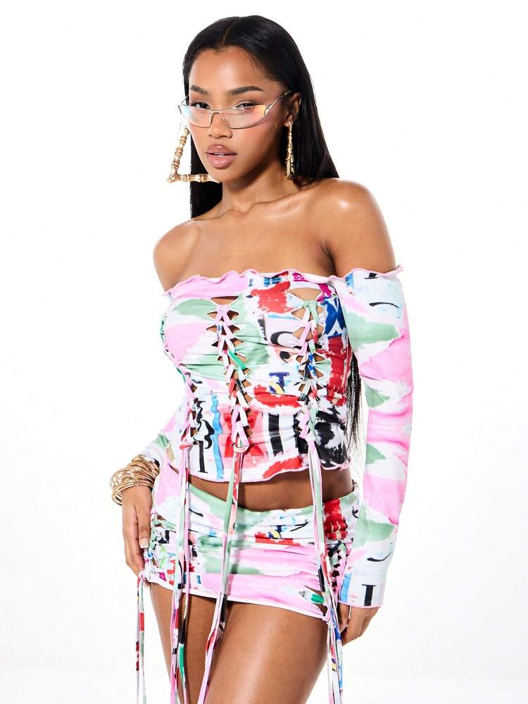 SUMWON Off-Shoulder Langarm-Oberteil mit Magazin-Muster, Korsage-Optik mit Schnürung vorne und Bindebändern als modisches Statement-Piece