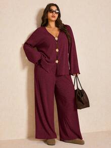 SHEIN Elaquor 大码休闲通勤纯色上衣和裤子两件套 - 酒紅色 - 查看 4