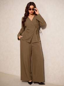 Elaquor Plus Size Women Solid Color Wrap Tie Waist Long Sleeve Jacket And Wide Leg Pants Casual Suit Set Autumn Winter Clothes For Women - Navy Blue - View 3