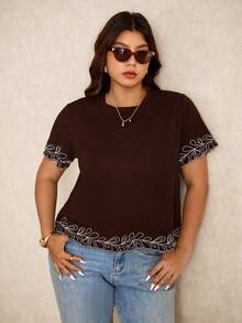 Elaquor Plus Size Round Neck Short Sleeve Casual Loose Summer Versatile T-Shirt - Brown - View 6